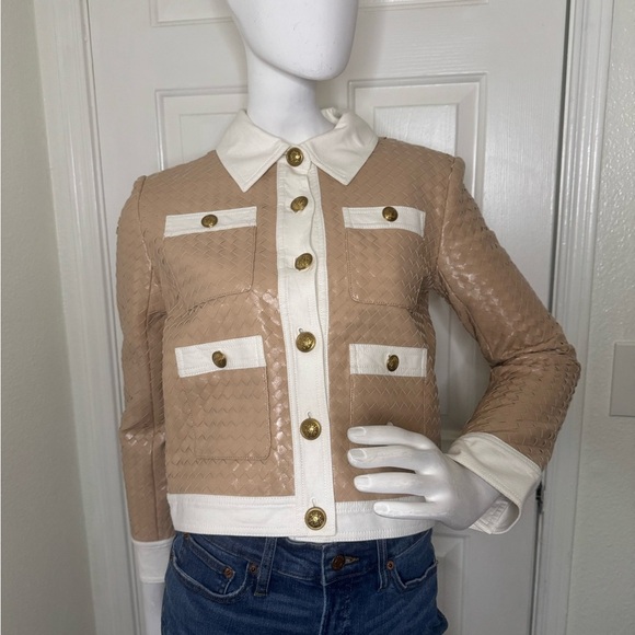 Alice + Olivia Kinley Woven Vrgan Leather Elegant Cream Jacket with Gold Accent. - Picture 3 of 17
